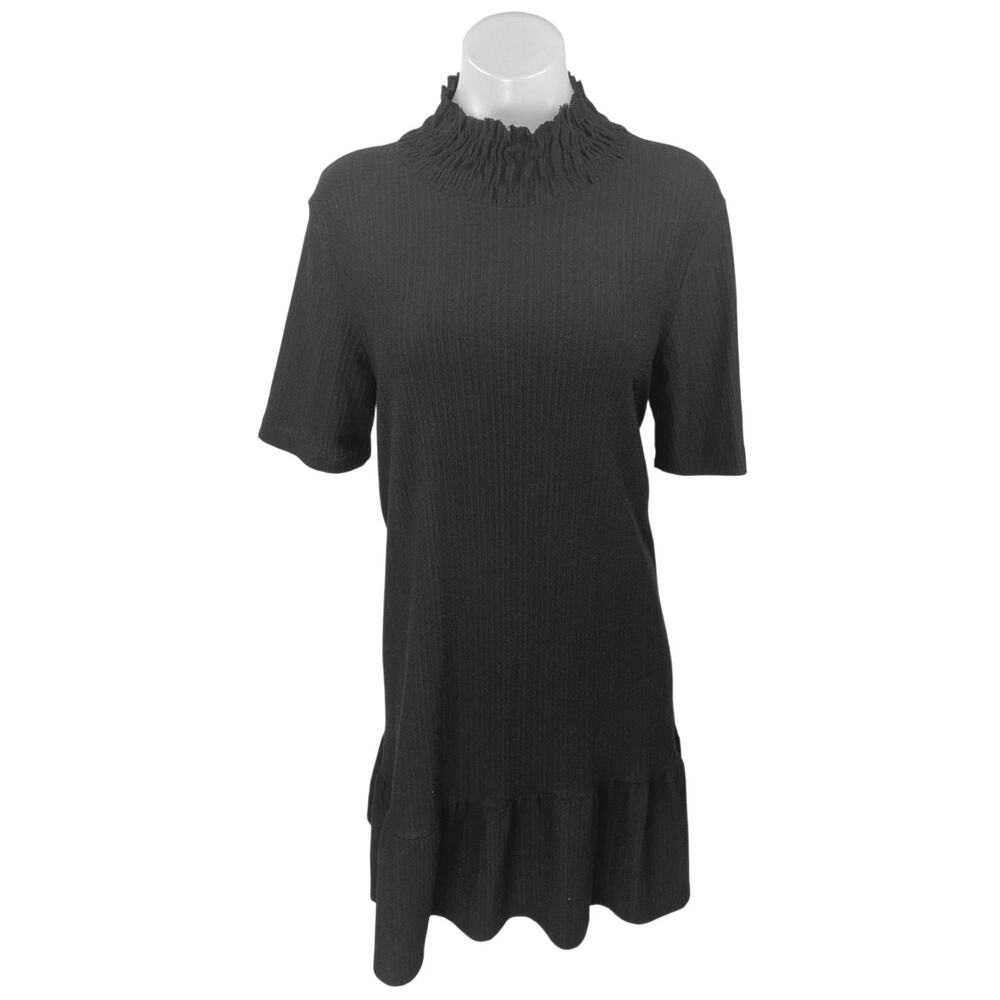 Zara Black Rib Knit Ruffle Mock Neck Half Sleeve Mini Shift Sweater Dress Size M